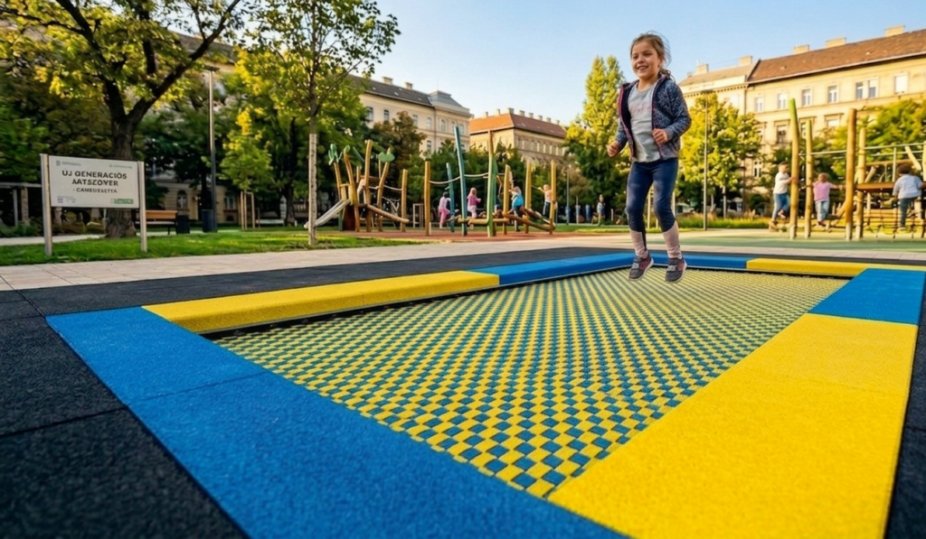 szines, földbe süllyesztett trambulin, öntött gumi, global playgrounds