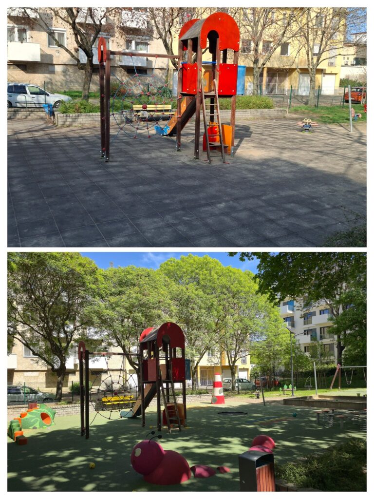 Budapest, 13. kerület lakótelepi játszótér,mászóka, öntöttgumi burkolat, 3D gumiállatok